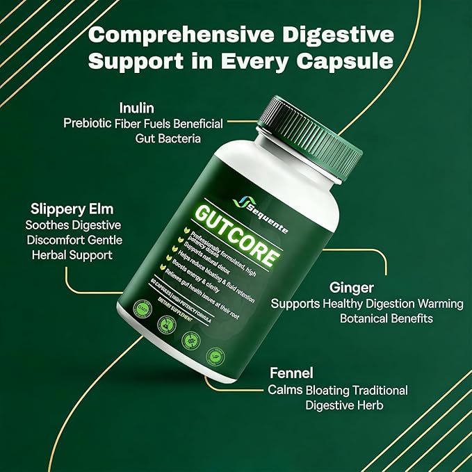 Sequente GutCore Max Strength Gut Drainage Capsules – Fast Bloat Relief &amp Gentle Detox for Clear Skin | Vegan All-NaturalNon-GMO (60 Caps)