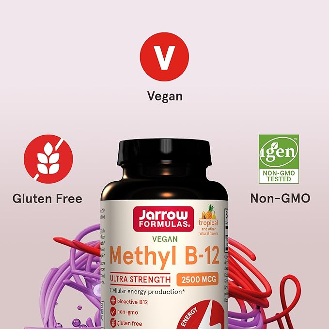 Jarrow Formulas Ultra Strength Methyl B-12 Dietary Supplement for Cellular Energy Production 100 Tropical-Flavored Chewable Tablets Up to a 100 Day Supply Pack of 12