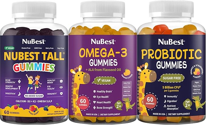 NuBest 3X Power Gummies Bundle Tall Gummies Omega 3 Gummies &amp Probiotic Gummies for Bone Strength Brain Growth Eye Health Gut Health &amp Immunity