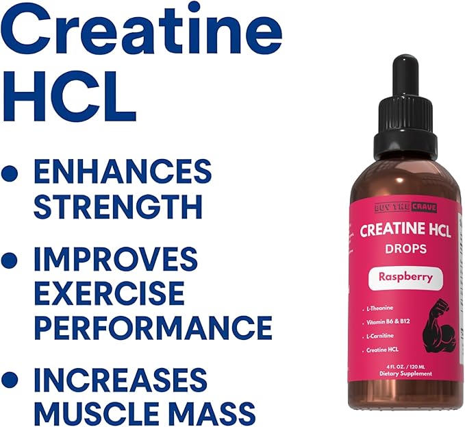 Creatine HCL Liquid Drops for Men &amp Women - 2ml Per Serving L-Theanine Vitamin B12 &amp B6 L-Carnitine - High Absorption 4 Fl Oz (120ml) (4 FL OZ Raspberry)