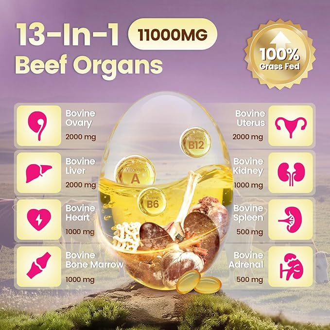 VivoNu Beef Organ Supplement 11000mg per Serving 100 Day Supply + D3 K2 10000 IU with MK7-300 Virgin Coconut Oil Softgels