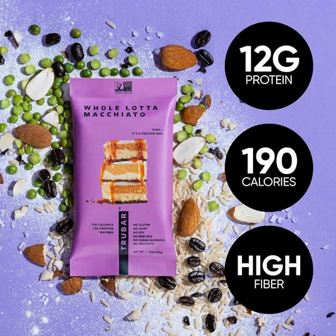 TRUBAR Vegan Protein Bar Whole Lotta Macchiato Gluten Free Plant Based Protein Dairy Free Non GMO Soy Free No Sugar Alcohols 12G Protein 12G Fiber 23G Carb On the Go Snack Bars 12 CT
