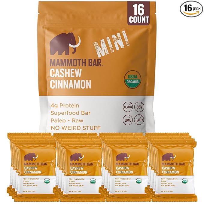 Mammoth Bar Cashew Cinnamon Mini Bar - Mini Organic Snack Bar Packed with 4g Protein. Made with Cinnamon Paleo &amp Gluten Free • Raw - 16 Mini Bars