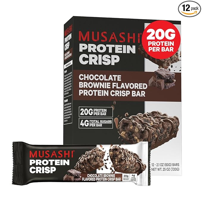 MUSASHI Protein Crisp Bar 20g Protein 4g Total Sugars Chocolate Brownie Post Workout and Snack On The Go 12 Pack of 2.1oz (60g) Bars
