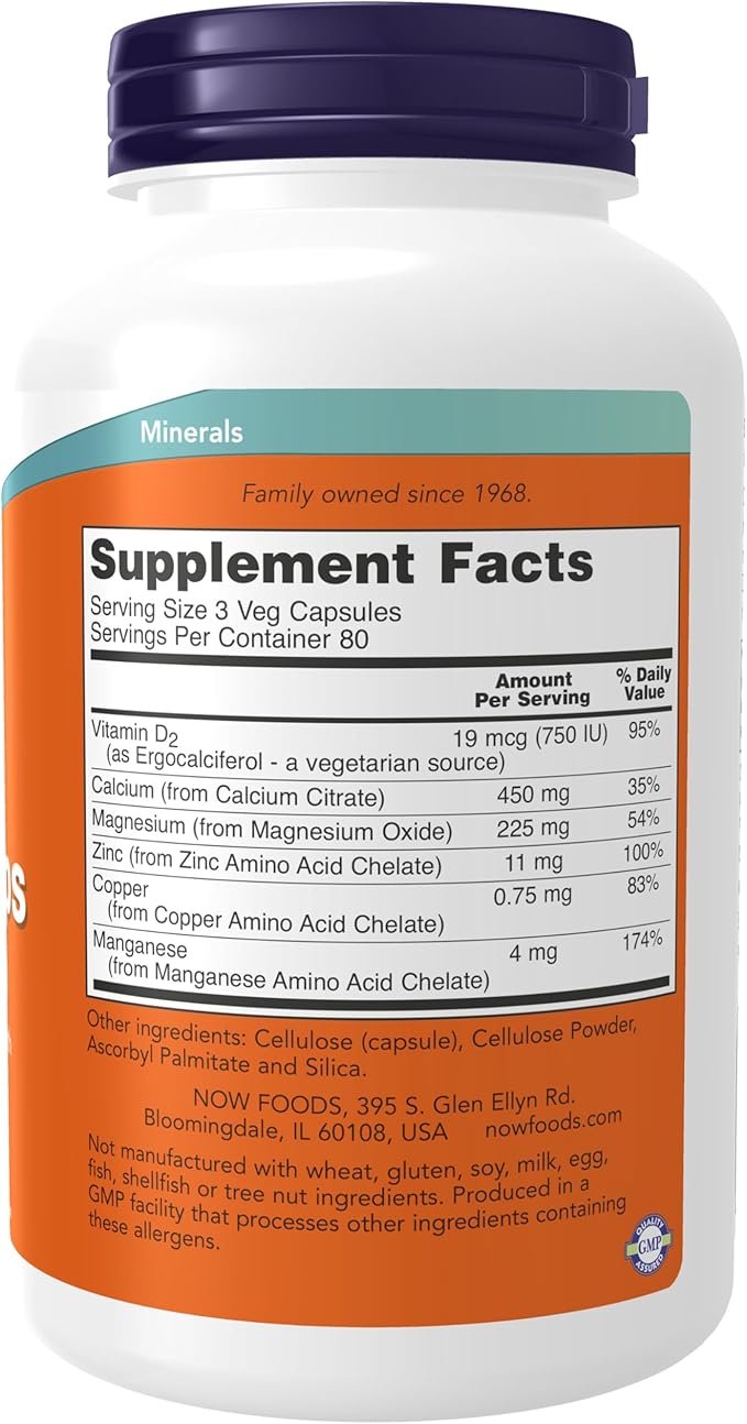 NOW Foods Supplements Calcium Citrate with Vitamin D Magnesium Zinc Copper and Manganese 240 Veg Capsules