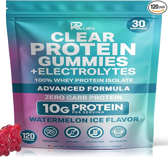 Zero Carb 100% Clear Whey Isolate Protein Gummies + Electrolyte | 300g Total Protein per Bag | Plant Based Ingredients with Vitamins for Men &amp Women Gluten Free Non-GMO | Watermelon |120 Count