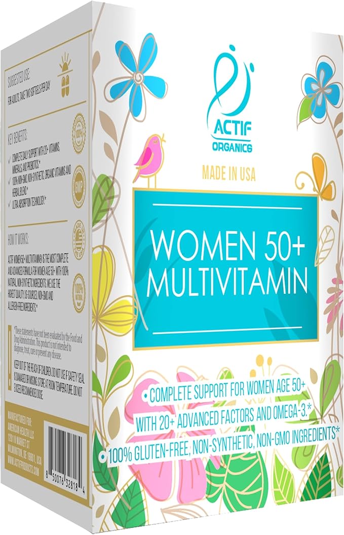 ACTIF Organic Multivitamin for Women Age 50+ with 20+ Advanced Factors and Omega-3 Non-GMO Made in USA 90 Count