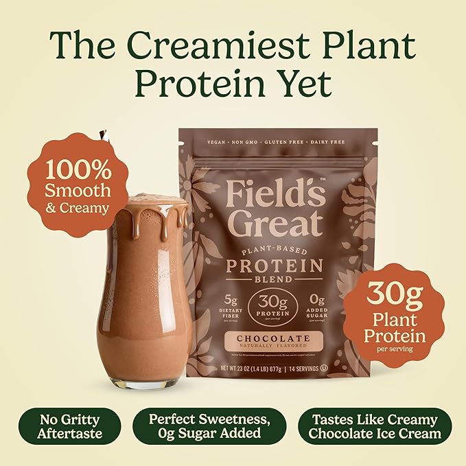 Field's Great All-in-One Plant-Based Chocolate Protein Shake Powder – Healthy Aging 30g Protein 5g Fiber + Probiotics Gut-Friendly Blood Sugar &amp Muscle Support Vegan Meal Replacement GLP1 2