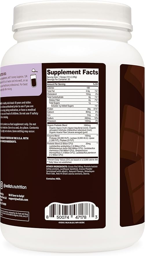 Wellah Grass-Fed Whey Protein Isolate Powder (Dark Chocolate) 30 Servings - with Prebiotics Enzymes &amp Probiotics 20g of Protein 100 Calories Naturally Sweetened