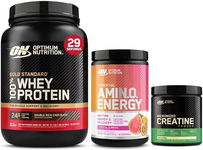 Optimum Nutrition Starter Pack: Micronized Creatine Monohydrate Powder (60 Servings) Amino Energy Tropical Sunrise (30 Servings) and Gold Standard 100% Whey Double Rich Chocolate (29 Servings)