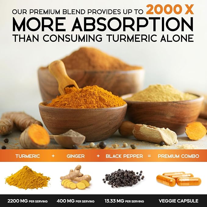Turmeric Curcumin Supplement - 2200mg Curcumin Complex &amp 400mg Organic Ginger per Serving - 95% Curcuminoids &amp BioPerine Black Pepper for Best Absorption &amp Joint Support Bottled in USA -