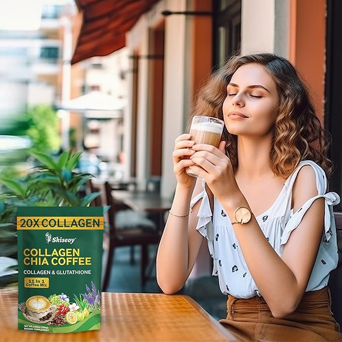 Skiseoy 20x Collagen Chia Coffee - 11-in-1 Coffee Shape Mix with L-Glutathione for Skin Hair Joints - Boost Energy and Focus Vegan Friendly 45 Servings