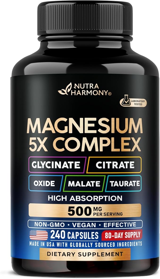 Magnesium Supplement - 5 in 1 Complex 500 mg | Glycinate | Citrate | Malate | Taurate | Oxide - Made in USA - Stress Muscle &amp Heart Support - Vegan Natural Non-GMO - 240 Capsules