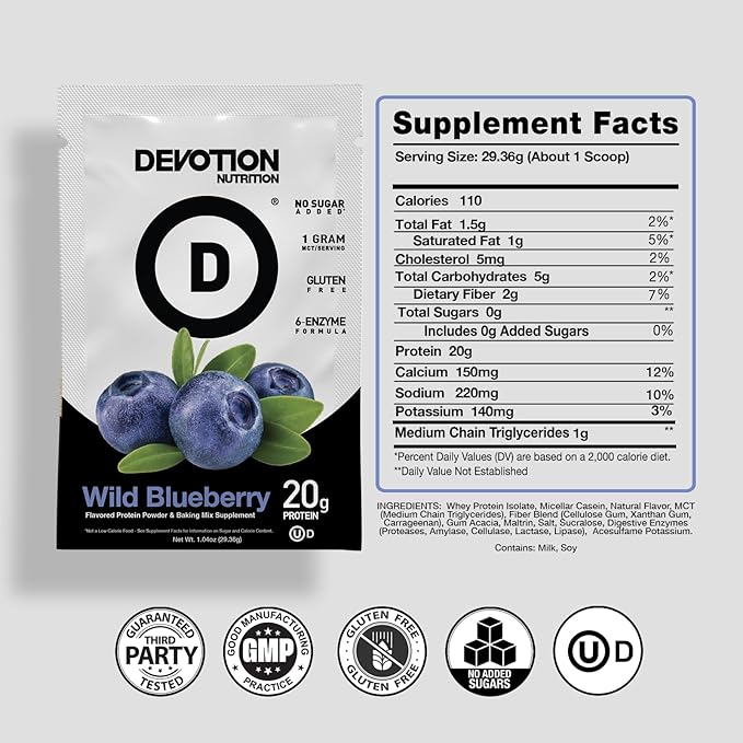 Devotion Nutrition Protein Powder Blend Wild Blueberry 12 Single Serve Packets 20g Whey and Micellar Protein No Added Sugar Keto-Friendly with 1g MCT Gluten-Free Kosher