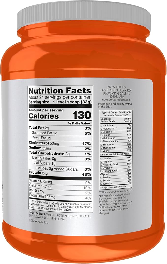 NOW Foods Sports Nutrition Whey Protein Concentrate 24 g With BCAAs Unflavored Powder 1.5-Pound
