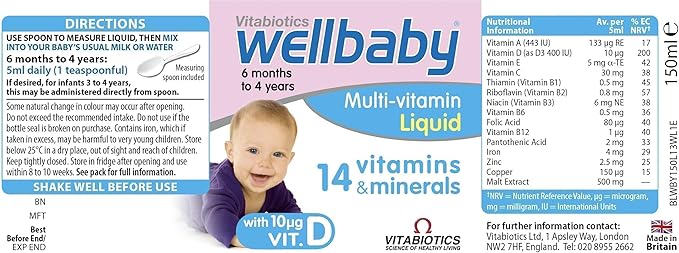 WELLBABY Vitabiotics Multi-Vitamin Liquid - Immune System Multivitamin for Infants and Babies Ages 6 Months to 4 Years - 150mL (Pack of 2)
