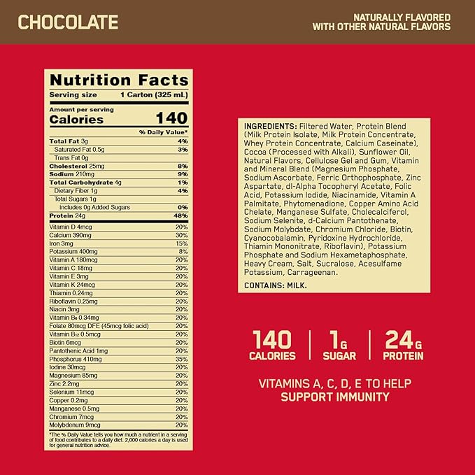Muscle Milk Zero Protein Shake Vanilla Crème 20g Protein 100 Cal 12 Pack &amp Optimum Nutrition Gold Standard Protein Shake Chocolate 24g Protein 11 Fl Oz 12 Count