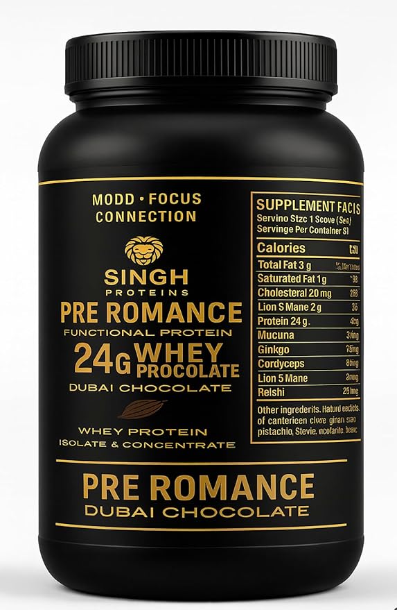 Singh Protein - Pre-Romance Protein Powder. Dubai Chocolate Royal Dubai Blend Flavor. 24g Whey Protein Isolate - Pistachio Cardamom Rose Clove and Almond - 30 Servings.