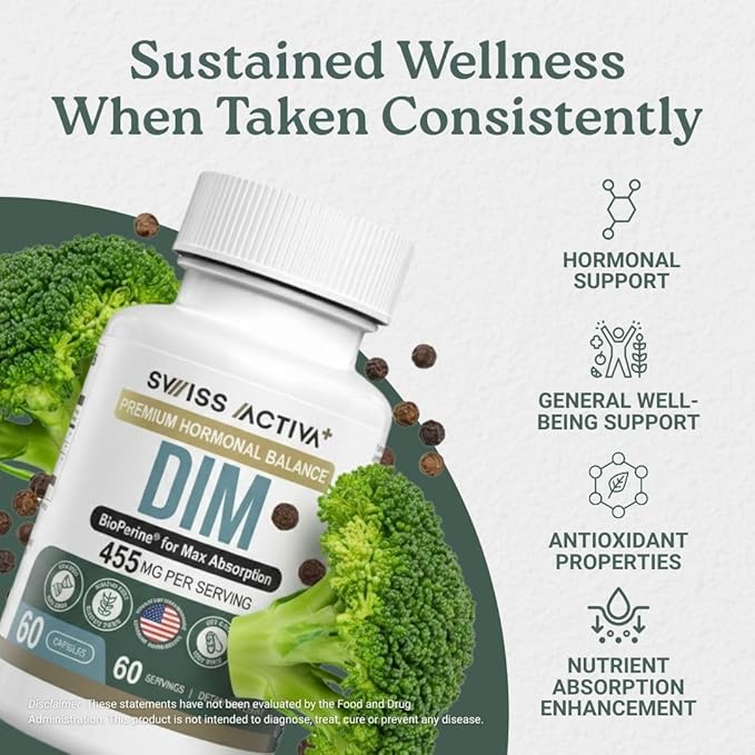Swiss Activa+ Labs DIM Supplement – Hormone Balance for Women &amp Men – Estrogen Supplement for Women and Men– Supports Hormonal Acne &amp Menopause Symptoms| Gluten Free Non-GMO &amp Vegan – 120