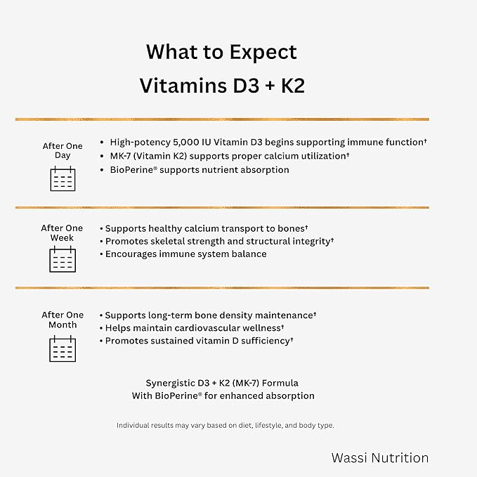 Vitamin D3 + K2 (MK-7) Capsules 5000 IU Vitamin D3 with Calcium &amp BioPerine® Bone &amp Heart Support Formula Non-GMO Gluten-Free 60 Capsules