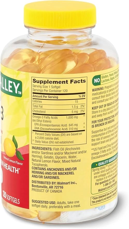 Spring Valley Omega-3 from Fish Oil Heart General &amp Brain Health Dietary Supplement Softgels 1000 mg 4-Month Supply 120 Count + Exclusive ''Thank You'' Sticker by MEELTA