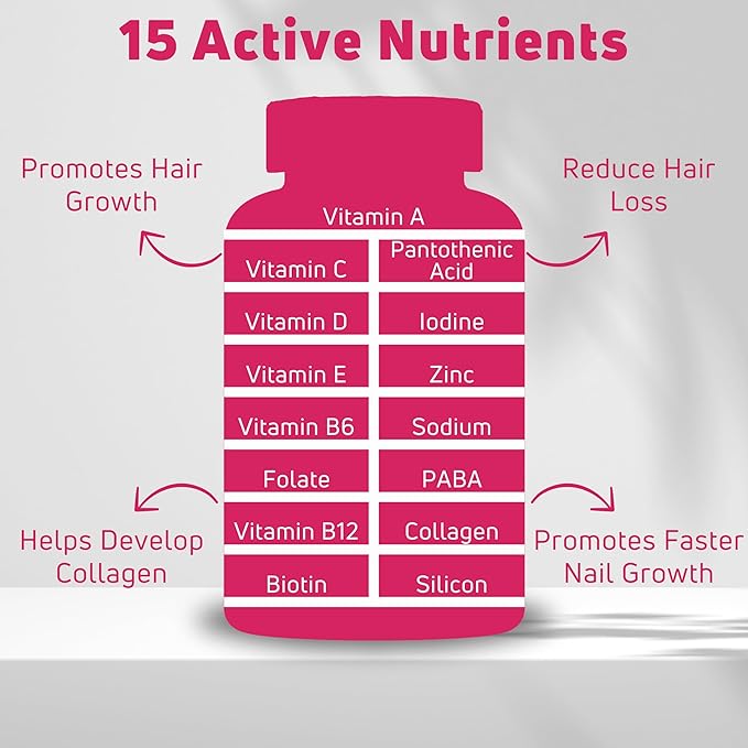 Hair Skin and Nails Gummies with Biotin (6000mcg) Collagen &amp PABA - Hair Skin and Nails Vitamins for Women and Men - Supports Hair Growth Stronger Nails Healthy Skin - 30 Servings