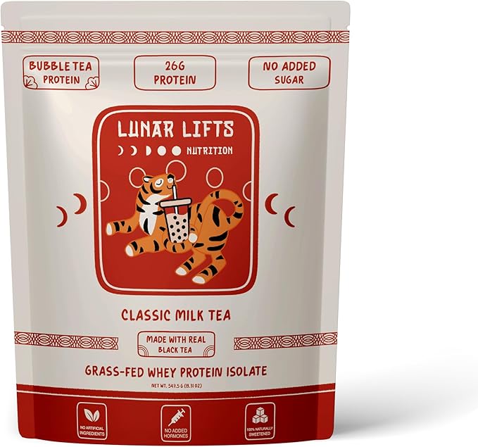 Lunar Lifts Nutrition Classic Milk Tea Boba Protein Powder | Whey Protein Isolate | 26g Grass Fed Whey Protein Powder | No Added Sugar or Artificial Ingredients | Bubble Tea