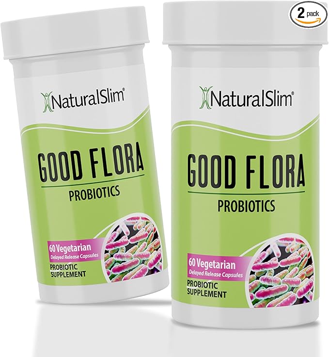 NaturalSlim Good Flora Probiotics for Women &amp Men - Gut Health Supplements with 7 Powerful Strains for De-Bloating &amp Vitality - Probiotics for Digestive Health 60 Vegetarian Capsules 2 Pack