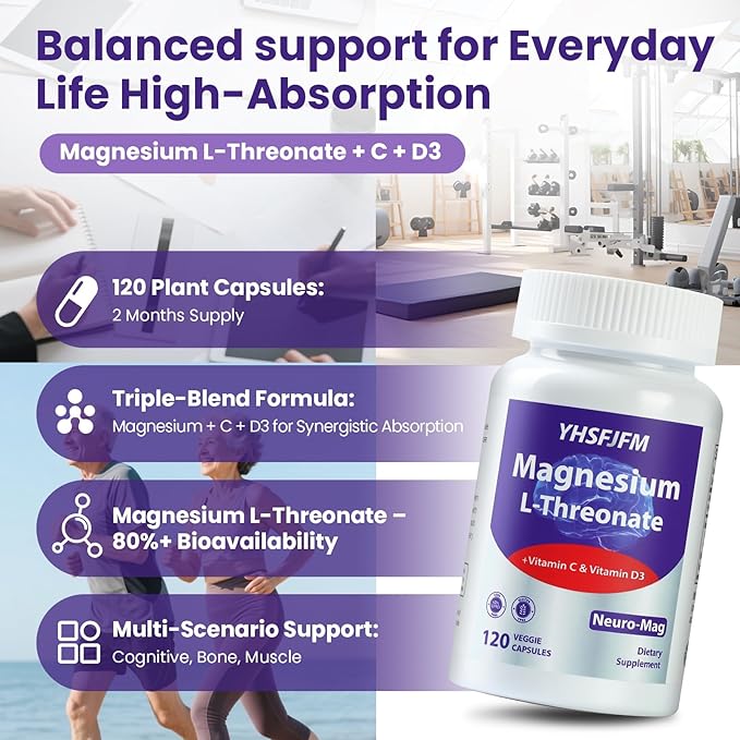 2000mg Magnesium L-Threonate with Vitamin C &amp D3-120 Vegetarian Caps (2-Month Supply) - High Absorption Complex - Non-GMO Gluten/Soy-Free - Supports Bone Health Relaxation &amp Wellness