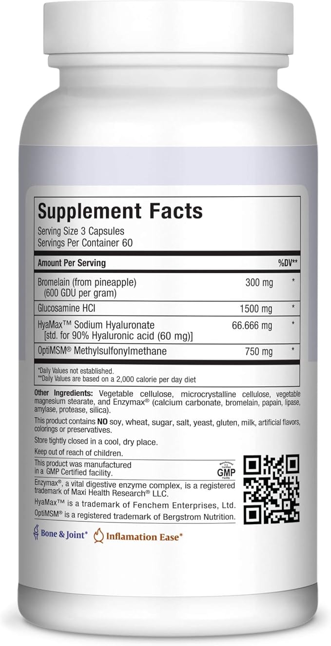 Glucosamine MSM and Hyaluronic Acid with Bromelain Supplement – Joint Support Supplement for Women and Men with Enzymes and Hyaluronic Acid – for Cartilage Joint Health and Flexibility – 180 Count