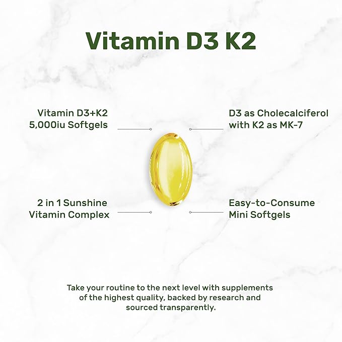 Magnesium Glycinate 500mg Veggie Capsules &amp Vitamin D3 5000iu + K2 100mcg Softgels Bundle – Easily Absorbed Chelated Mineral – D &amp K Essential Sunshine Vitamins