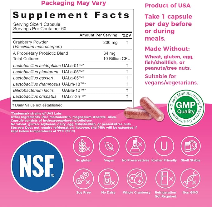 Nutricelebrity NutriFlora-Pro Probiotics for Women - Support Vaginal Urinary Health (UTI) Digestive System Period Pain Yeast and BV Relief Cranberry Pills 10 Billion CFU 6 Strains (60 Caps)