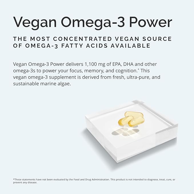 BRAINMD Dr Amen Vegan Omega-3 Power - 60 Plant-Based Softgels - 1100 mg of EPA &amp DHA - Supports Focus Memory &amp Heart Health - Vegan Gluten Free &amp Non-GMO - 30 Servings