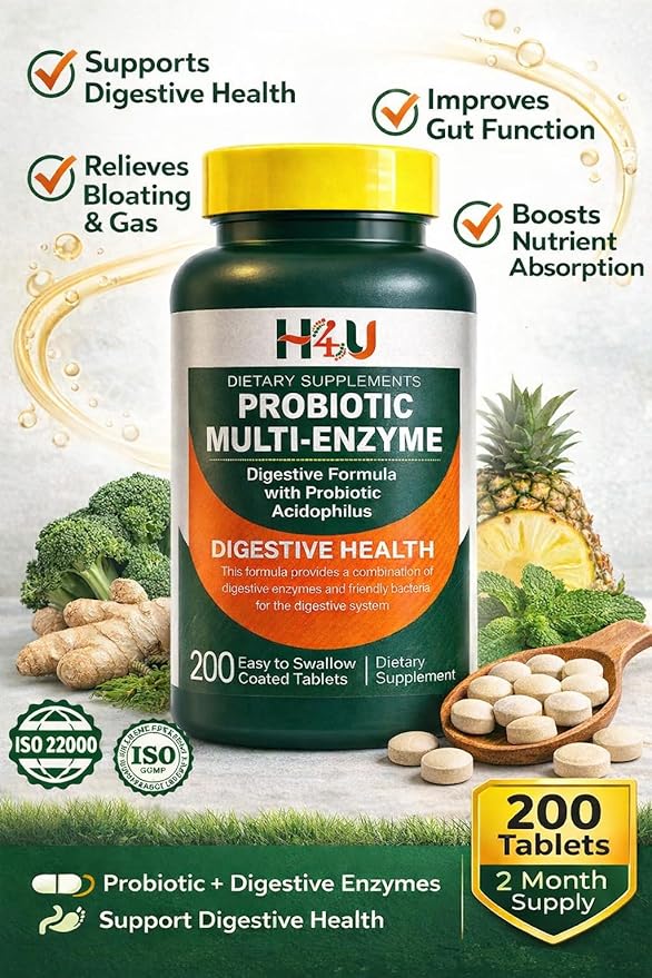 H4U Probiotic Multi-Enzyme Digestive Enzymes Formula with Acidophilus Tablets for Digestive Health &amp Gut Support Dietary Supplement 200 Count
