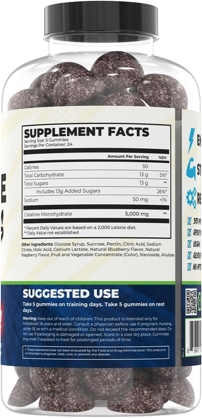 Creatine Gummies | Gummy Creatine Chewables for Men &amp Women | 5g per Serving | Gluten Free &amp Vegan | 120 Gummies 24 Servings (Mashed Berry)