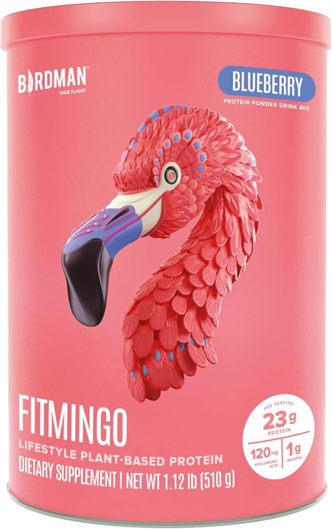 BIRDMAN Fitmingo Vegan Protein Powder with Inositol Collagen Boosters Hyaluronic Acid and Vitamins | Low Carb Dairy Free Low Calorie | 23g Plant Based Blueberry Protein Powder with Myo-Inositol