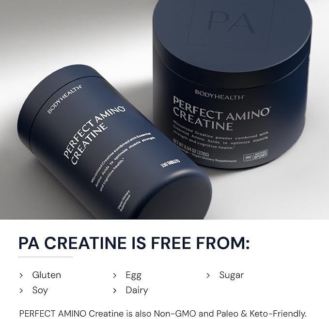 BodyHealth Creatine Monohydrate Powder – Vegan Pre Workout Supplement with PerfectAmino BCAAs &amp EAAs – Keto-Friendly Muscle Recovery &amp Energy Support – 5g Creatine per Serving.
