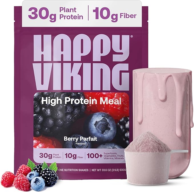 Happy Viking Plant-Based Protein Powder +100 Superfoods Berry Parfait Meal Replacement Shake Created by Venus Williams 30g Plant Protein 10g Fiber Vegan Gluten-Free Non-GMO 15 Meals