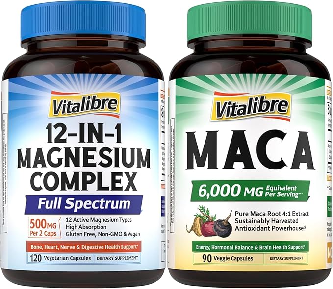 12 in 1 Magnesium Complex Capsules and Maca Root Capsules Bundle Non-GMO Dietary Supplements Vegan Capsules