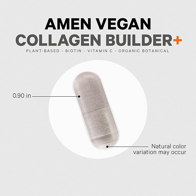 Amen Plant-Based Vegan Collagen Builder Supplement - Organic Whole Foods Lutein Vitamin C Biotin Lysine Proline Collagen Boosters - Organic Cranberry Lemon Strawberry - Once A Day - 30 Capsules