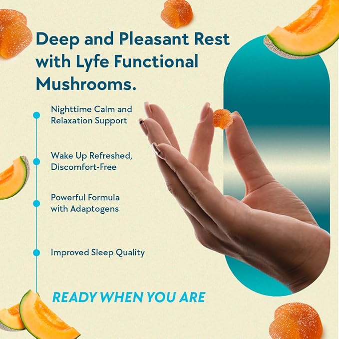 LYFE Functional Mushroom Gummies Creamy Melon Flavor (40 Count) – Reishi and Chamomile and Aminita Muscaria Help to Provide with a Deep Sleep &amp Relaxed State of Mind.