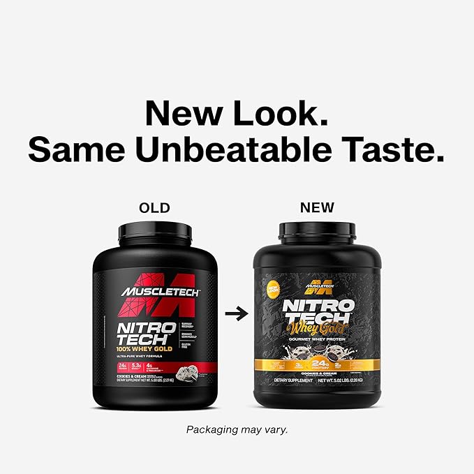 Muscletech Whey Protein Powder (Cookies &amp Cream 5LB) - Nitro-Tech Whey Protein Isolate Smoothie Mix for Lean Muscle &amp Recovery - 24g of Whey Gold Protein for Women &amp Men - Packaging May V