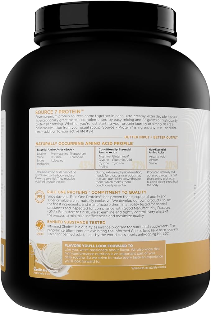 Rule 1 Source 7 Protein – Decadent Flavor Velvety Smooth Texture 22g Anytime Protein and 10g Naturally Occurring EAAs Per Serving from 7 Premium Sources (4 Pounds* Vanilla Ice Cream)