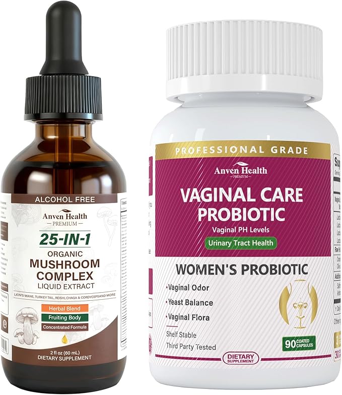 Vaginal Probiotics for Women pH Balance with Prebiotics 25-in-1 Organic Mushroom Complex Supplement Liquid Drops