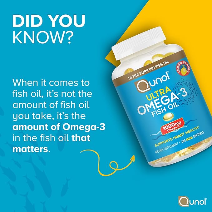 Qunol Fish Oil Omega 3 Mini Softgels 1000mg Omega 3 EPA + DHA Ultra Pure Supplements Heart Health Support Lemon Flavor Easy to Swallow Minis 3 Month Supply 180 Count