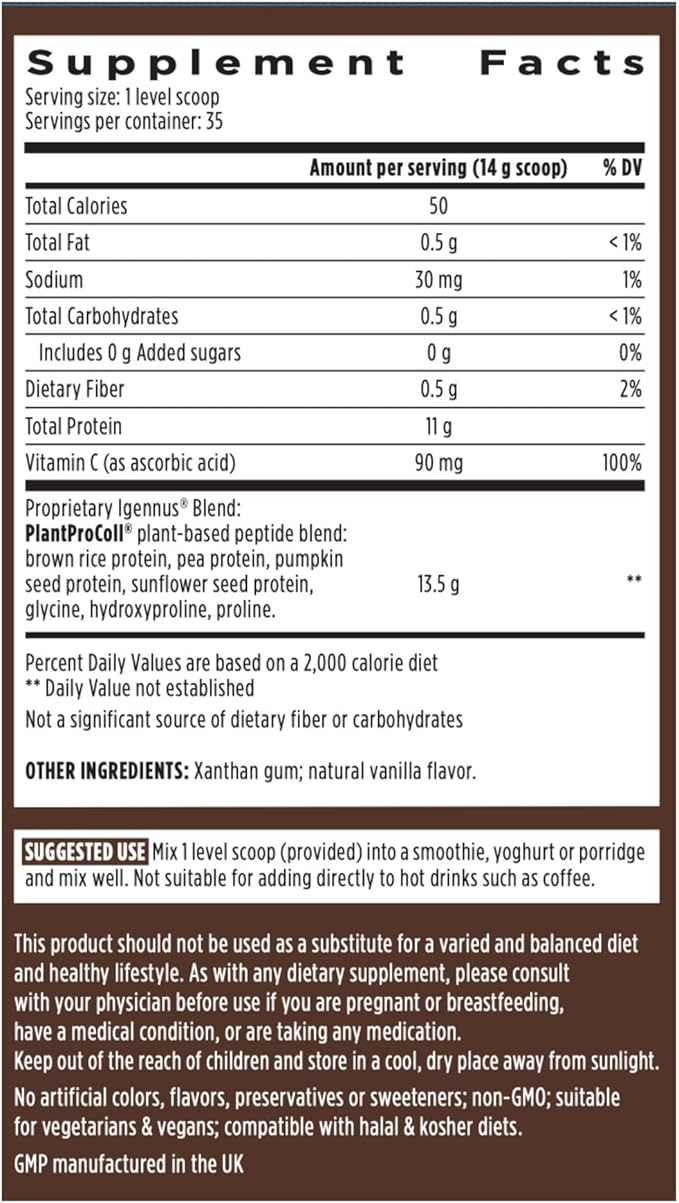 Igennus Advanced Vegan Vanilla Collagen Peptide Powder Enhanced with Glycine Proline &amp Hydroxyproline &amp Cofactor Vitamin C Non GMO Vegetarian Plant Based Collagen Powder Booster 140 Servi