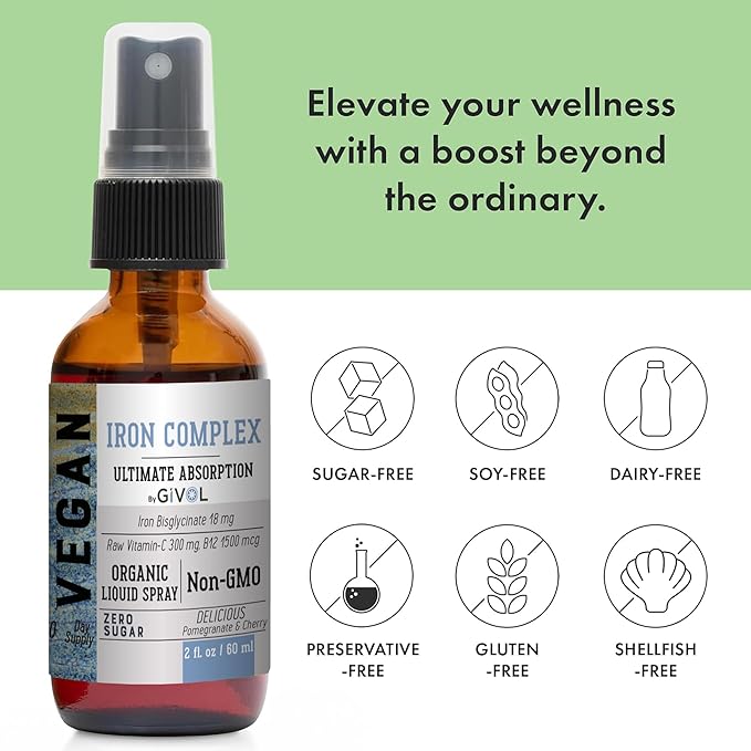 Iron Supplement - 18mg Bisglycinate Complex with Vitamin C &amp B12 for Energy &amp Immunity Boost and Organic ZINC Boost Mist 40mg (Extra Strength) - Sugar Free with VIT C and Elderberry Extract