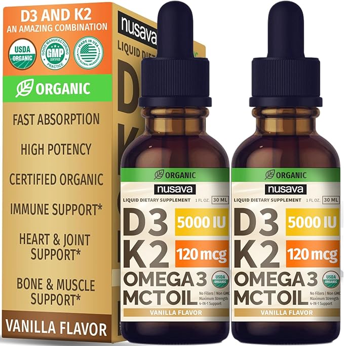 NUSAVA Vitamin B12 Liquid Drops Bundle Strawberry Flavored D3 K2 &amp Vanilla Flavored D3 K2 - Potent Liquid Vitamins for Heart Energy Brain &amp Immune Support - Non-GMO Gluten-Free 2pk Each