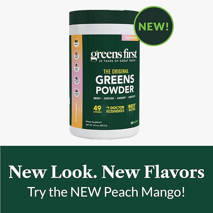 Greens First Original Greens Powder - 49 Superfoods - Organic Fruits &amp Veggies - Prebiotics Probiotics &amp Digestive Enzymes - Antioxidant Smoothie - Dairy Free/Vegan/Non-GMO (Peach Mango 30 S