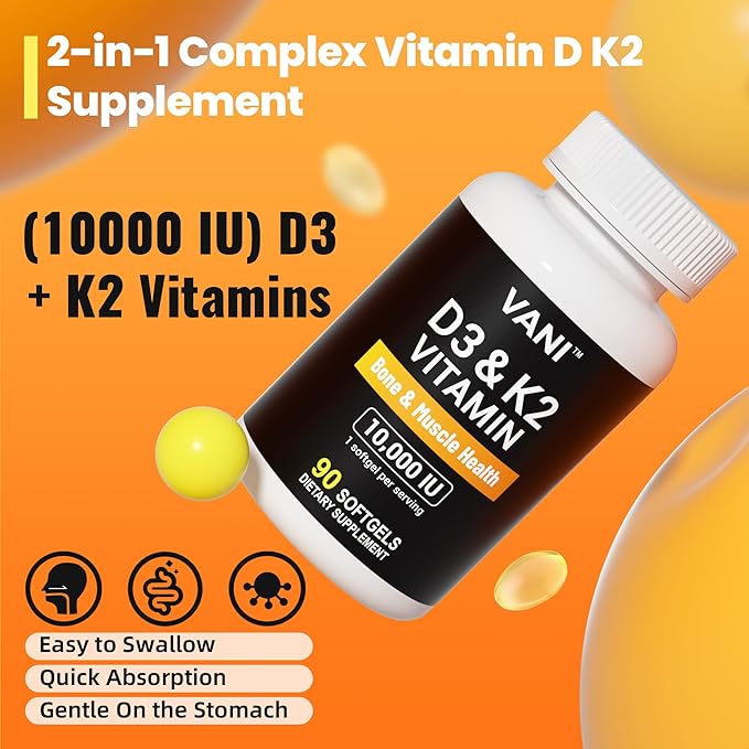VANI (10000 IU) D3 + K2 Vitamins 2-in-1 Complex Vitamin D3 K2 Supplement Support Bone &amp Muscle &amp Teeth Health 90 SOFTGELS